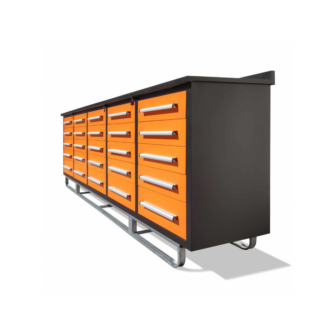 M&B | 10&rsquo; Workbench Cabinet with 25 Drawers - Container Consultants Australia